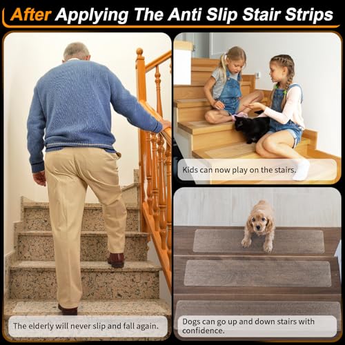 SMILOOL Clear Non-Slip Treads for Wooden Steps Indoor 5 Pack 4" x 24" Pre-Cut Anti-Slip Strips, Grip Tape Transparent Grips for Wood Stairs, Dogs, Kids and Pets, Waterproof - size: 4" X 24"