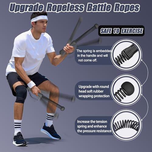 2nd Gen Ropeless Battle Ropes for Home Gym, Heavy Duty Portable Cordless Battle Ropes with Integrated Spring (No Screws), Weighted Exercise Rope for Men & Women, HIIT Workout Equipment - color: black