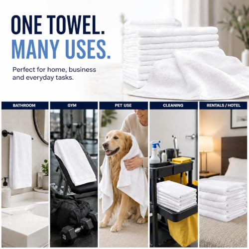 JMR White Bath Towels Bulk Pack of 12 (20x40) - 100% Cotton Lightweight & Quick-Dry Cotton Towels for Hotel, Rental Properties, Gym & Commercial Uses - color: White-12 Pcs, size: 20X40