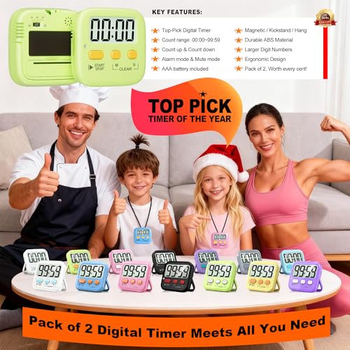 Antonki 2 Pack Digital Timer for Kids, Magnetic Countdown Kitchen Timers for Cooking, Egg, Classroom, Teacher, Exercise, Study, Oven - Battery Included - color: Light Green