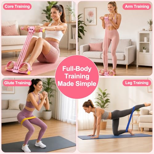 Pedal Resistance Band with Handle & Foot Pedal Resistance Band, 6-Tube Detachable Adjustable Thai Natural Rubber Band for Abs, Arms, Waist & Legs, Home Workout Equipment - color: pink