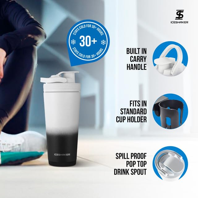Ice Shaker Stainless Steel Shaker Bottle | 26oz, Black/White | Stays Cold for 30+ Hours | Insulated Cup with Twist-on Agitator | Odor-Free Shaker Cup for Protein Shakes, Water, Smoothies - color: BWOmbre