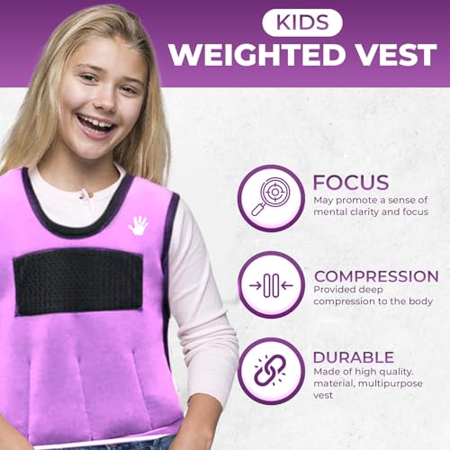 Weighted Sensory Compression Vest for Kids – Adjustable Calming Vest with Removable Weights – Purple - size: Medium