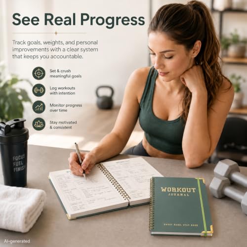 Workout Journal Fitness Tracker Planner for Men & Women, Exercise Log Book to Track Gym & Home Training, Goals, Sets, Reps & Progress, 142 Pages, A5 5.7" x 8.2" Portable Hardcover with Metal Corners, Green - color: Green
