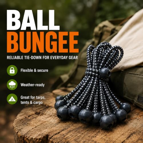 Heavy Duty Ball Bungee Cords 25lbs Breaking Strength, Stretches to 12 Inch, 50 Pcs 6 Inch Cords with Large 1-Inch Ball, UV Resistant Tarp Tie Downs for Canopy, Camping, Tents, Tarps, Black/White