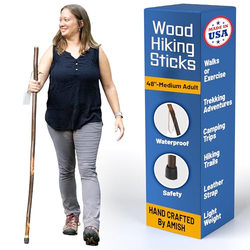 Handmade Wooden Walking Cane for Men Women Seniors with Genuine Leather Wrist Strap for Hiking, Walking and Outdoor Trekking - Made in USA - size: 48" - Medium Adult, style: The Woodsmen