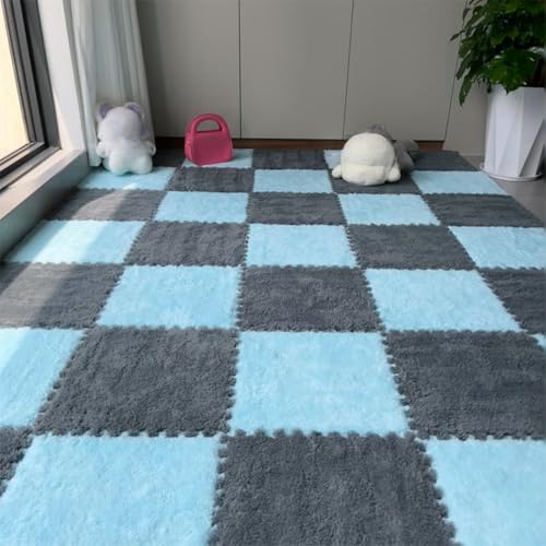 12Pcs Plush Foam Floor Mat,Plush Interlocking Carpet Tiles,Anti-Slip Square Puzzle Floor Mat,EVA Foam Area Rugs for Bedroom Playroom (Blue+Grey) - color: Blue+grey