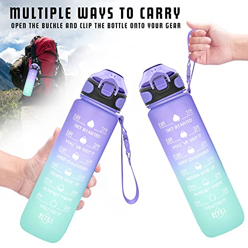 Enerbone 32 oz Drinking Water Bottle with Times to Drink and Straw, Motivational with Carrying Strap, Leakproof BPA & Toxic Free, Ensure You Drink Enough Water for Fitness Gym Outdoor - color: Light Purple Green