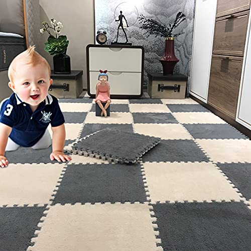 12 pcs Thickened Plush Interlocking Floor Mat 0.6" Thick- Fluffy Square Tiles with 12 Edgings Soft Anti-Slip Puzzle Area Rug Playmat for Room (11.8", Gray & Light Brown) - color: Gray & Light Brown