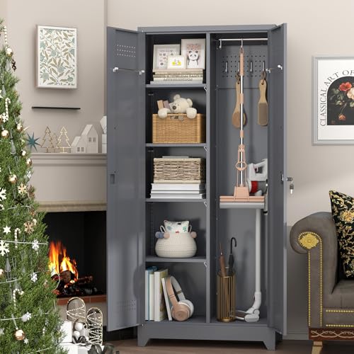 IRONFFICE Metal Garage Storage Cabinets,Metal Broom Closet Storage Cabinet,Utility Cabinets for Brooms and Mops,Steel Tall Cabinet with Shelves for Laundry Room,Bathroom,Home,Grey - size: 72"H x 31.5"W x 15.74"D-Grey