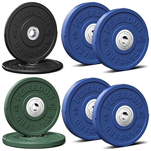 FEIERDUN Color Bumper Plate Set, 2-Inch Olympic Weight Plates, Low Bounce Rubber Barbell Plates with Stainless Steel Insert for Weightlifting, Strength Training, CrossFit & Home Gym, 10LB-370LB - style: P) 250LBS SET