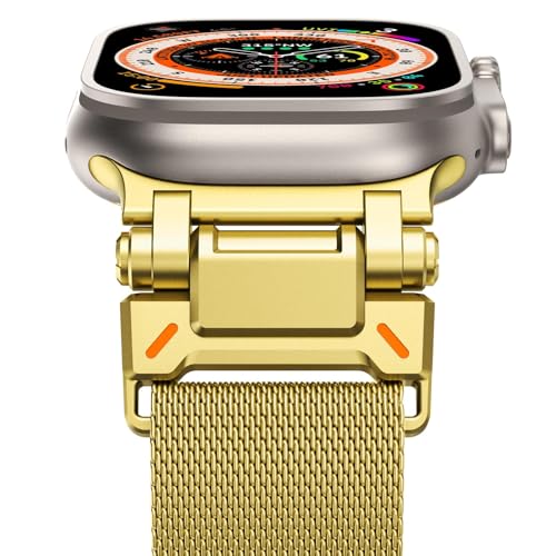 WINGLE Milanese Loop for Apple Watch Band Ultra 3/2/1 Band Ultra 49mm Series 11 10 46mm 45mm 44mm SE 3/2/1 Series 9 8 7 6 5 4 3 Men Women,Parachute-Style Buckle Stainless Steel Mesh Metal iWatch Bands - color: Magnetic Metal Mesh Loop-Gold