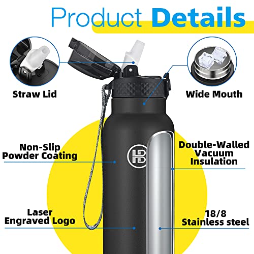 Han's Bottle Sports Water Bottle - 32 Oz, Straw Lid, Leak Proof, Vacuum Insulated Stainless Steel, Double Walled, Thermo Mug,Black - color: Balck, size: 32 Ounces