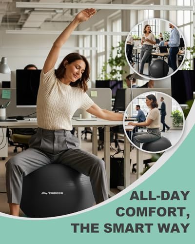 Trideer Yoga Ball Chair with Base for Office Desk, Exercise & Stability Ball Seat, Pilates Ball for Core Training, Pregnancy Ball, Back Pain Relief & Active Sitting - color: Black, size: XL(27-30ines/68-75cm)