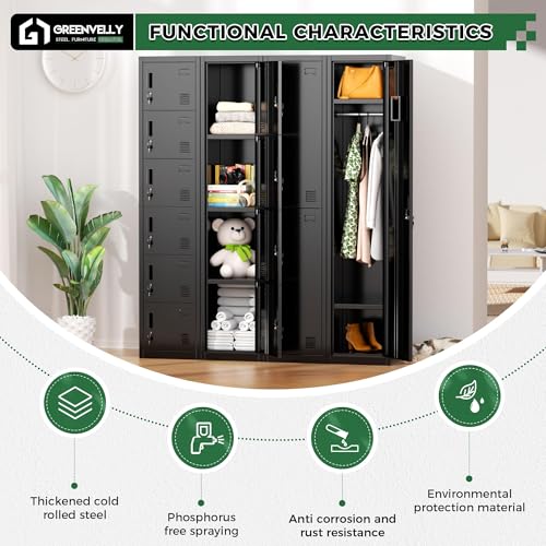Greenvelly 72" Locker, Metal Lockers for Employees with 6 Doors and Keys, 6-Tiers Black Lockable Steel Storage Locker for Gym,School,Office,Sports,Card Slots,Vents - color: Black, size: 6 Doors