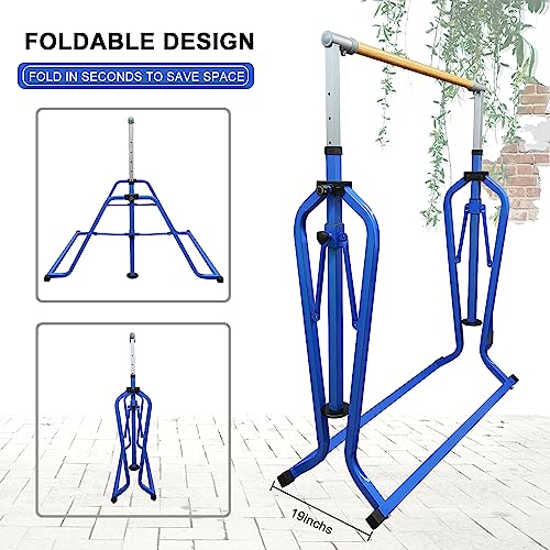 Foldable & Moveable Gymnastics Horizontal Bar with Rings,3’to 5’Adjustable Height Expandable Junior Kip Bar for Home,Indoor Gym Equipment for Kids - style: Foldable DarkBlue with Rings