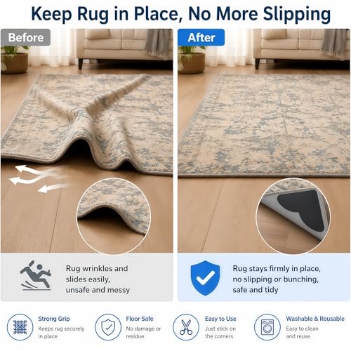20 PCS Non Slip Pads for Area Rugs, Reusable Grippers for Rugs on Hardwood Floors, Double-Sided Adhesive Rug Stoppers, Prevent Sliding and Curling, Keep Rug Corners Flat, No Residue - color: Rug on Floor