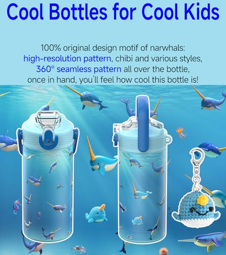 MYFOREST 14oz/400ml Insulated Kids Water Bottle, Odor-free Liner, 3D Touch | No Plastic Taste, Surgical Steel - No Chemical Leaching, Name Spot, Soft Sipper, Gift for Thalassophile, Ocean. Narwhals - color: Ocean. Narwhals