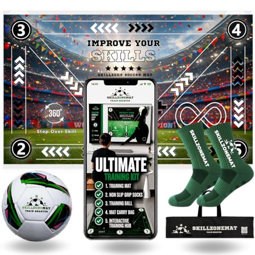 SkillZone Soccer Training Mat with Soccer Ball – Dribbling & Footwork Trainer | Indoor/Outdoor Soccer Training Kit with Interactive Video Hub, Grip Socks & Carry Bag | Control & Agility Practice - color: Limited Edition World Champions 2026 - Match Kit
