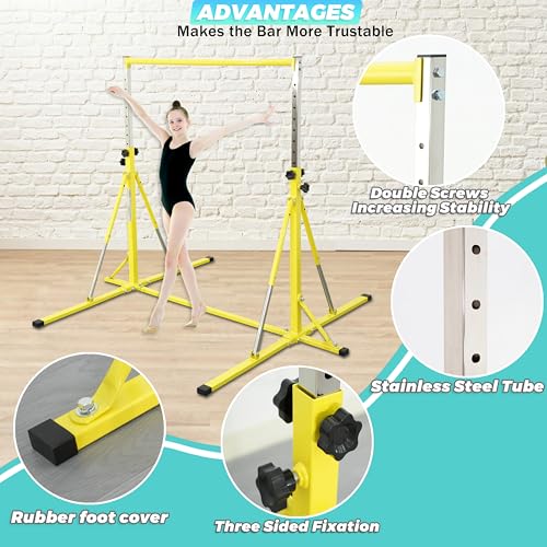 FC FUNCHEER Foldable Gymnastics Bar,5FT Horizontal bar,Adjustable Kids Training bar for Kids Ages 3-15,Kids Gymnastics bar,Triangle Stable Structure-Gym Equipment for Home - color: Bright yellow, style: Bar-Swing-Rings