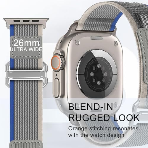 Trail Loop Nylon Band - Compatible with Apple Watch Ultra 2 Band/Ultra Bands 49mm 45mm 44mm Men Women, Braided Elastic Weave Sport Strap for iWatch Ultra 2, iWatch Ultra Series 10 46mm SE/9/8/7/6/5 - color: Trail/Blue Light Gray/Titanium