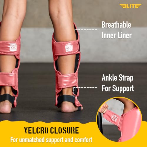 Elite Sports Muay Thai MMA Kickboxing Boys and Girls Shin Guards for Age 4 to 14 Years, Instep Guard Sparring Protective Leg Shin Kick Pads for Kids - color: Pink, size: Medium