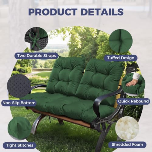 Wicker Chair Cushions of 3 Pieces, Waterproof Cushions for Patio Furniture, Tufted Wicker Outdoor Furniture Cushions, 1 Patio Loveseat Cushion and 2 U-Shaped Cushions, 44"x19"x5", Dark Green - color: Dark Green