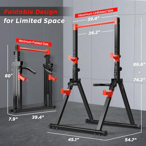 SogesHome Power Tower Dip Station Pull Up Bar for Home Gym, Adjustable & Foldable Multifunction Fitness Workout Station with Triangular Stability Design for Strength Training - color: Black Red