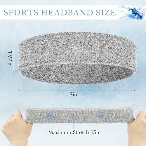4 Pack Cotton Terry Sweat Headbands for Men Women Running Gym | 4 pack soft cotton terry headbands, Stretch 7 to 15 inches, Sweat-wicking, stays put for running, tennis, basketball & yoga - color: Black/Gray/Sky Blue/White