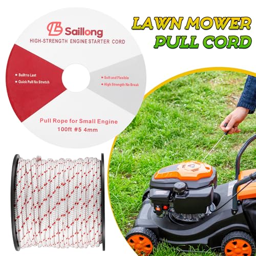 Saillong 4mm 100ft Starter Rope, Pull Cord Rope for Small Engine with 2 Starter Handle, Wear Resistant, Low Stretch, Replacement for Lawn Mower Chainsaw Trimmer Edger Brush Cutter (White & Red) - color: White & Red, size: 4mm