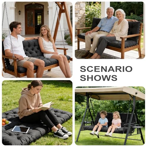 Porch Swing Cushions,Outdoor Cushions 3 Seater Replacement with Backrest, Waterproof Thickened Bench Cushion with Ties for Porch, Patio,Outdoor, Backyard and Garden (Black 60 * 40 in) - color: Black, size: 60x 40 inches