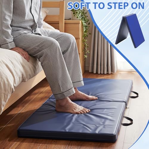 Wesiti 1 Pcs Fall Mat for Elderly Bedside, 70" x 24" x 2" Non Slip Foldable Floor Mat for Seniors Safety Fall Prevention for Handicap, Anti Fatigue Crash Bed Pad, Blue