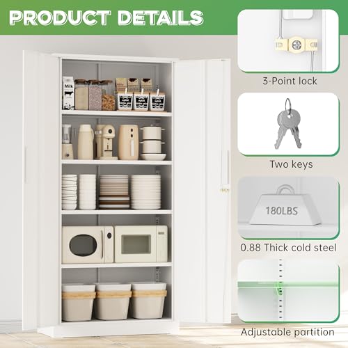 INTERGREAT Metal Storage Cabinet, 72" H Lockable Steel Cabinets with Locking Doors, Storage Locker with Adjustable Shelves for Office, Home, Garage, Gym, School (White) - color: White, size: MSC-D16