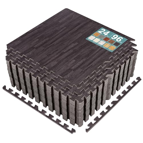 Sorbus Wood Grain Floor Tiles Foam Mat EVA Interlocking Mats Tile 3/8-Inch Thick Flooring Wood Puzzle Exercise Mats w/Borders - Home Playroom Basement, Apartment, Trade Show, Baby, Dance - color: Carbon, size: 24 Pack