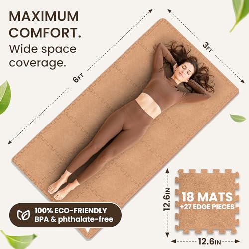 bemaxx Gym Mats Set - 18 pcs EVA Interlocking Foam Floor Tiles (12.6"x12.6"x0.4") 18sqft Protective Gym Flooring Sports Home Workout Exercise Mats Puzzle Garage Fitness Play-Room Pool Treadmill Bike - color: Cork, size: 18 Tiles | 18 sq ft