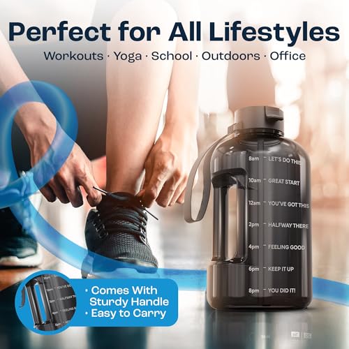 AQUAFIT Half Gallon Water Bottle with Motivational Quotes | BPA Free 64 oz Water Bottle with Straw and Chug Lids - Leakproof Gym Water Bottle with Carry Handle (Gray) - color: Gray, style: 64 oz - 2 Lids