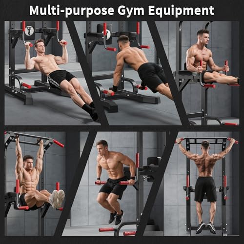 SogesHome Power Tower Pull Up Bar Dip Station for Home Gym 330LB Capacity | Adjustable Height 65.7"-87" Exercise Workout Machine with Comfort Pads & Anti-Slip Grips for Full Body Strength Training - color: Black
