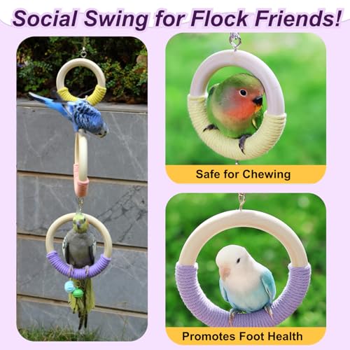 3-Ring Bird Wooden Swing with Bell Climbing Toy Chewable Cotton Rope Perch for Cage Cockatiels Budgies Parakeets Lovebirds 17 Inch