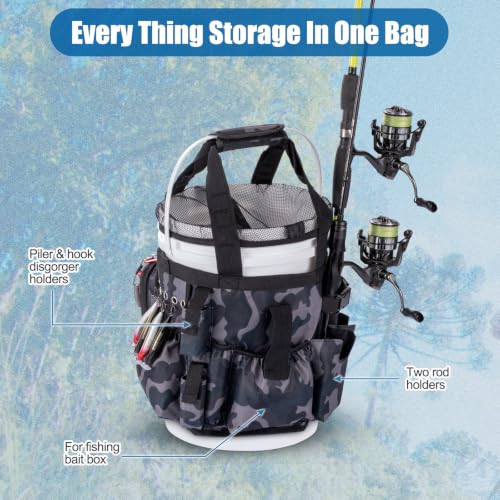 Fishing Bucket Organizer with Mesh Cover 5 Gallon Bucket Accessories Waterproof 600D Adjustable Fishing Tackle Bag with Multi-Pockets for Fishing Gear and Equipment