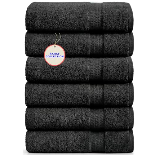 KAHAF COLLECTION 100% Cotton Bath Towels, 24x48 Pack of 6 Towels, Quick Dry, Highly Absorbent, Soft Feel Towel, Gym, Spa, Bathroom, Shower, Pool, Luxury Soft Towels (Black, 24x48-6 Pack) - color: Black, size: 24x48 - 6 Pack