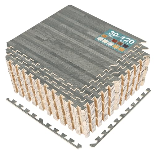 Sorbus 120 Sq. Ft. Wood Grain Floor Tiles Foam Mat EVA Interlocking Mats Tile 3/8-Inch Thick Flooring Wood Puzzle Exercise Mats w/Borders - Home Playroom Basement, Apartment, Trade Show, Baby, Dance - color: Grey, size: 30 Pack