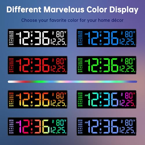 Soobest 14.2 Inch Electric Digital Wall Clock, LED Large Display | Date, Day, Temp, 8-in-1 Color Changing Big Clock for Elderly, Auto DST, Remote Control Timer for Living Room Classroom Gym - color: 14.2” Multicolor
