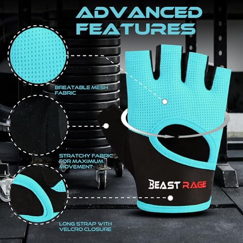 BEAST RAGE Workout Gloves for Men & Women - Fingerless Gym Gloves with Palm Protection, Breathable & Lightweight for Weightlifting, Cycling & Pull Up - color: Cyan, size: Medium