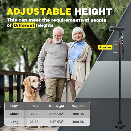 BigAlex Folding Walking Cane for Elderly Adjustable & Portable Walking Stick for Seniors,Pivoting Quad Base,Lightweight,Collapsible with Carrying Bag for Men/Woman - color: Black(4'9"-5'6")