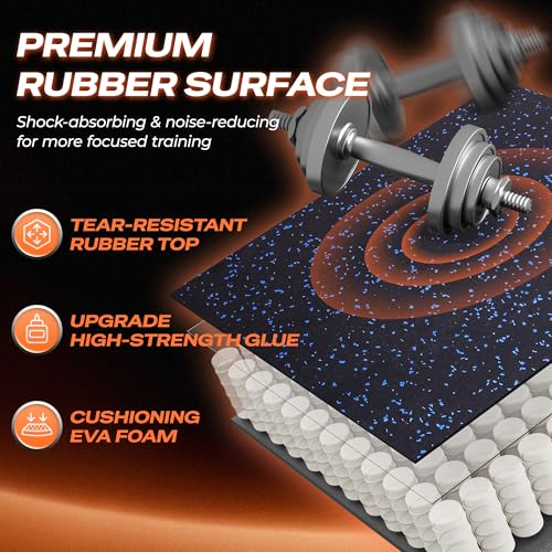 SUPERJARE 0.56'' Thick 48 Pcs 192 Sq Ft Rubber Top Exercise Equipment Mats, High Density EVA Foam Mats with Rubber Top, Interlocking Gym Flooring for Home Gym, Protective Workout Mat, Black/Blue - size: 48 Tiles (192 Sq Ft)