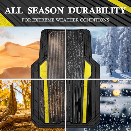 CAR PASS Yellow Car Mats Metallic, Aluminum Film All Weather Rubber Lemon Yellow car Floor Mats Waterproof Universal Trim to Fit SUV Sedan Van Truck 4 Piece Deep Dish Heavy Sporty Black Yellow Chrome - color: Black Yellow