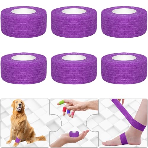 6 Pack 1 Inches Self Adhesive Bandage Wrap Breathable Cohesive Bandage Elastic Tape for Pets, Athletic, Sports, Wrist, Knee, Ankle(5 Yards Per Roll, Purple) - color: Purple, size: 1 Inch