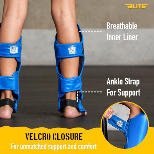 Elite Sports Muay Thai MMA Kickboxing Boys and Girls Shin Guards for Age 4 to 14 Years, Instep Guard Sparring Protective Leg Shin Kick Pads for Kids - color: Blue, size: Medium