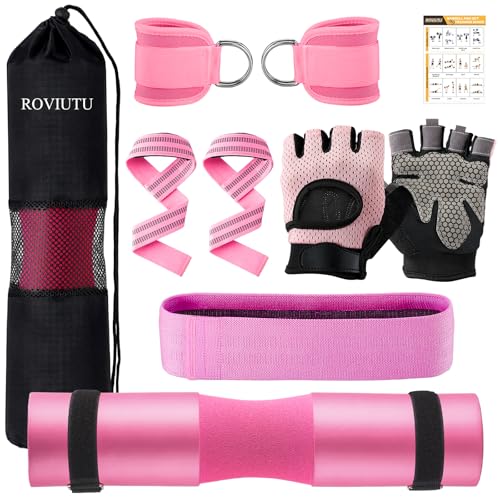 Barbell Pad Set,10 Pcs Barbell Pads for Hip Thrust Squat & Lunges Support,with 2 Workout Ankle Straps, 2 Gym Straps Weight Lifting, 2 Gym Gloves, Resistance Band, Olympic Bar Pad,Carry Bag - color: Pink, size: Large-Glove