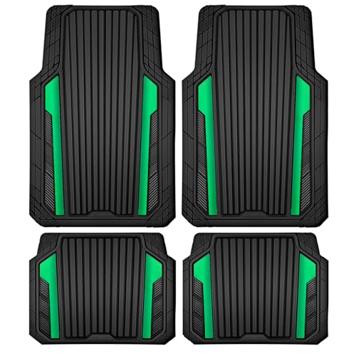 CAR PASS Heavy Duty Rubber Car Mats Metallic,Aluminum Film All Weather Floor Mats Waterproof Universal Trim to Fit SUVs Sedans Vans 4 Piece Anodized Deep Dish Two-Tone Sporty Black Green Chrome - color: Black Green